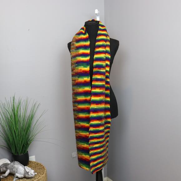 Hand Knit Rainbow Striped Scarf Long Cozy Unisex - Picture 2 of 2